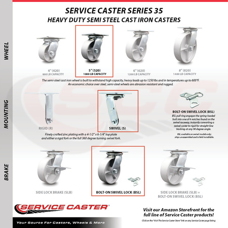 Service Caster 5 Inch Semi Steel Caster Set with Ball Bearing 4 Swivel Lock and 2 Brake SCC SCC-35S520-SSB-SLB-BSL-2-BSL-2